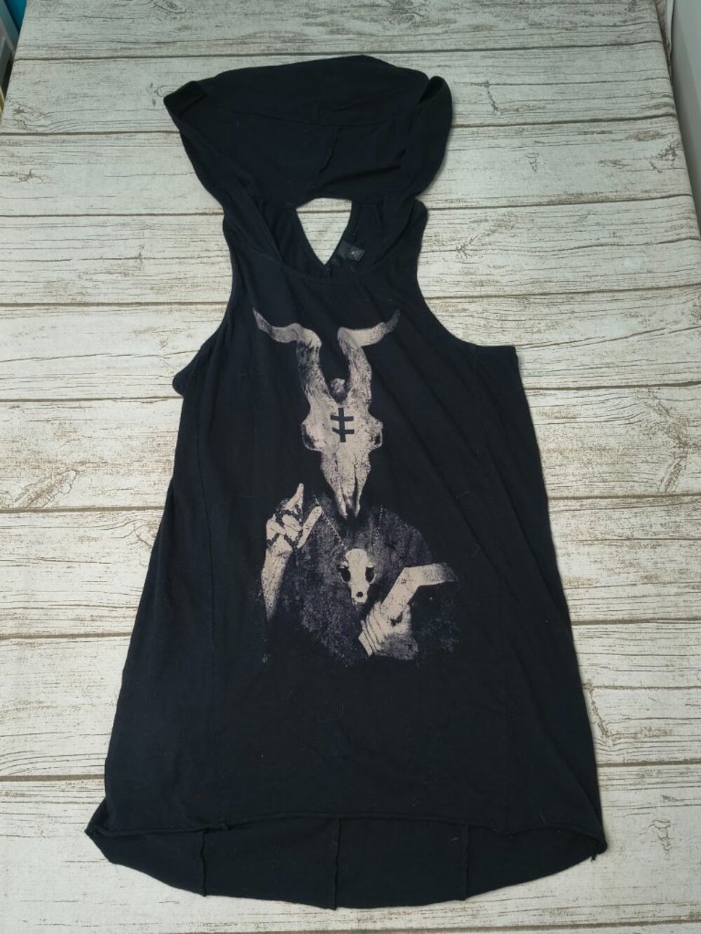 Widow Occult Baphomet Goat Skull Hooded Tank Top Black High Low Size Medium